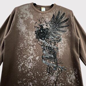 Vintage Y2K Stylo Thermal Shirt Mens XL Brown Wings Graphic Grunge Long Sleeve